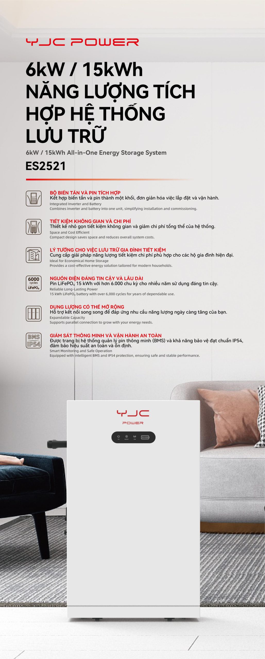 Pin Lưu Trữ Điện Mặt Trời Tích Hợp Biến Tần YJC Power ES2521 – 6 kW / 15 kWh