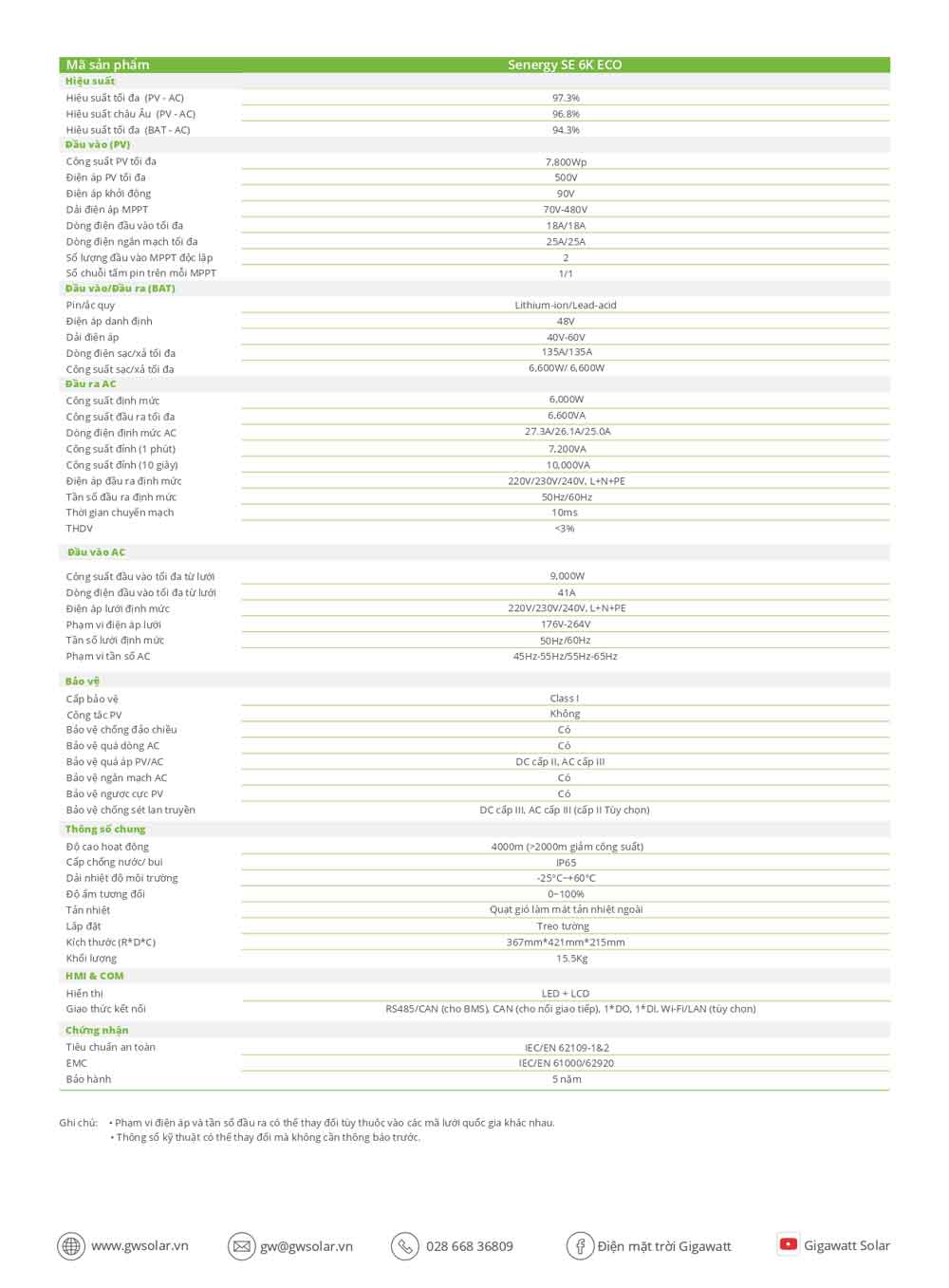 Datasheet Biến Tần Inverter Hybrid Senergy 6K ECO 6kW On/Off Grid - Ảnh 2